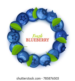 Round colored frame composed of delicious blueberry fruit. Vector card illustration. Blue bilberry fresh and juicy Circle frame for design of food packaging juice breakfast cosmetics tea detox diet