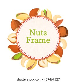 Round colored frame composed of different nuts brazil, cashew, peanut, pecan, pine, pistachio. Vector card illustration. Circle nuts frame with place for your text for packaging design element