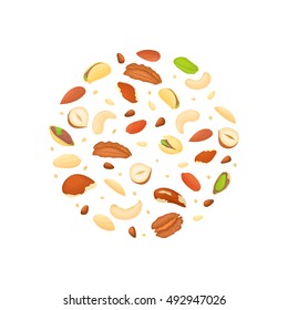 Round colored frame composed of different nuts brazil, cashew, peanut, pecan, pine, pistachio. Vector card illustration. Circle with place for your text packaging design element