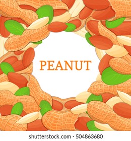 Round colored frame composed of peanut nut. Vector card illustration. Circle nuts frame, groundnut fruit in the shell, whole, shelled, leaves appetizing looking for packaging design of healthy food