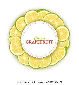 Round colored frame composed of tropical green grapefruit. Vector card illustration. Circle citrus pomelo citrus fruit frame for design of food packaging juice breakfast, cosmetics, tea, detox diet.