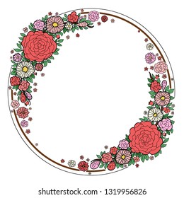 Round colored frame with flowers, roses, daisies, leaves, simple flowers. 