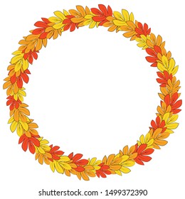 Round colored frame of yellow, orange, red maple leaves. Festive decoration for a seasonal autumn holiday.