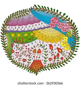 Round colored image of a miracle landscape isolated on white. Can be used in private and public places decoration, textile, children production. Floristry element.