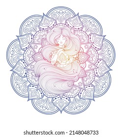 Round colored mandala with woman inside. Iisolated background.Girl in meditation. Mandala vector yellow, blue and red..Easy to recolor