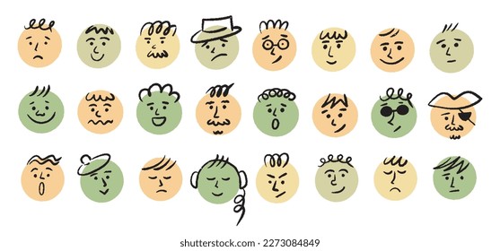 Round colored simple faces with various emotions. Cartoon style. Hand drawn vector illustration.