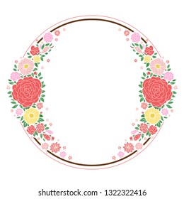 Round colored symmetrical frame with flowers, roses, berries, leaves, daisies and simple flowers. Spring drawing.