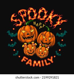 Round colored vintage emblem with fire text, silhouette of bat, pumpkin head stylized as a human faces. Burning letters Spooky family. Concept of happy family celebration