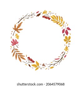 Round colorful autumn frame, garland, wreath or border. Rowan berries and leaves, oak and maple leaves. Vector illustration isolated on white background.