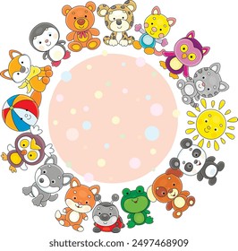 Round colorful background with a set of funny baby animals drawn in a cartoon style, outlined vector illustrations on white