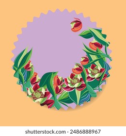 Round colorful card with flowers. Thank you. Floral elements in doodle style. Round design.