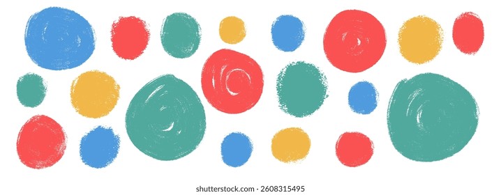 Round colorful decoration set. Polka dots crayon note shapes pack. Vector hand drawn kids round text boxes figures collection illustration isolated on white background.