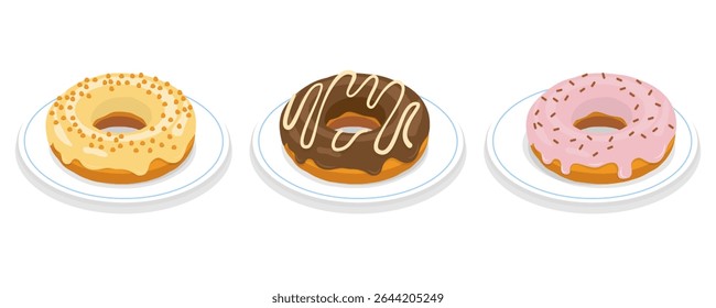 Round of colorful donuts. Chocolate, pink, vanilla glaze. Dessert  isolated on white background. Flat isometric vector set illustration.