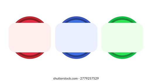 Round colorful emblems in red blue and green with overlapping horizontal white bars. Professional web UI elements for badges awards or category headers in clean modern flat design style for sites.