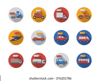 Round colorful flat style vector icons with different types of cars for sale. Trade in automobiles. Elements of web design for business, website and mobile.