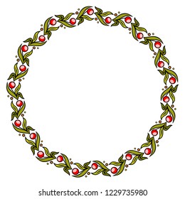 Round colorful floral frame. Wreath of simple twigs with red berries and green  leaves, drawn by hand. Isolated on white background. EPS10 vector illustration.