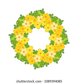 Round colorful frame of flowers. The border of delicate flowers, a wreath with green leaves and pink flowers.