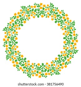 Round colorful frame of flowers. Small yellow flowers on a circle.