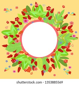 
Round colorful frame with leaves, flowers, birds, butterflies. For photos, labels, for inscription,  advertising, discounts, children's design, school stand. Vector.