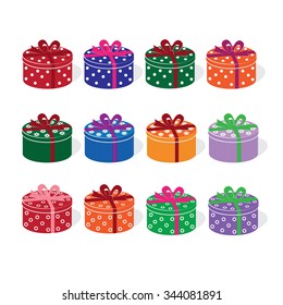 Round, colorful, gift boxes. Vector version.