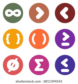 Round colorful icon set of coding and math symbols including infinity, arrows, brackets, sigma, and null sign for technology and programming design.