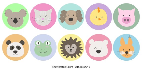 Round colorful icons with animals. Cute faces of koala, cat, dog, chicken, pig, panda, frog, hedgehog, bear and squirrel. Design for children clothes. Vector illustration. Flat design.