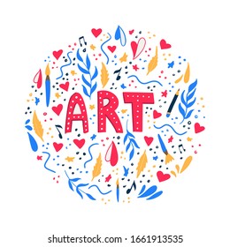 Round colorful illustration with different art symbols. Creative, visual art doodle vector concept.
