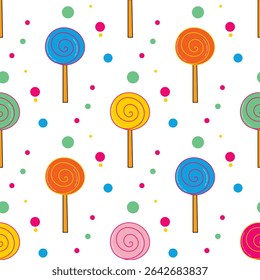 Round colorful lollipop seamless pattern. Continuous background bright playful candy spiral. Yummy sweets print, vector graphic