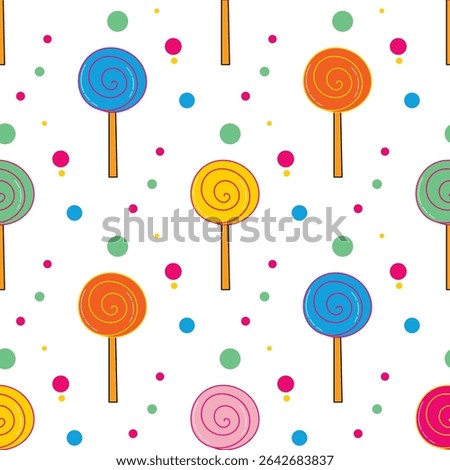 Round colorful lollipop seamless pattern. Continuous background bright playful candy spiral. Yummy sweets print, vector graphic