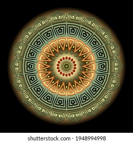 Round colorful mandala pattern. Ethnic greek style ornamental  background. Circle abstract gold flower with zigzag lines, shapes. Modern decorative golden ornament in green yellow colors. Rosette.