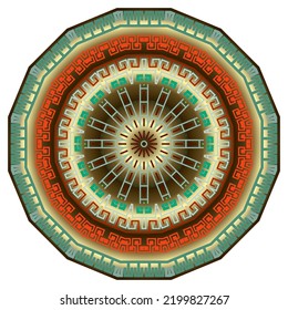 Round colorful mandala pattern. Greek tribal ethnic vector background. Floral mandala with greek key, meanders, symbols, circles, lines. Beautiful ornaments. Trendy isolated ornate design on white.