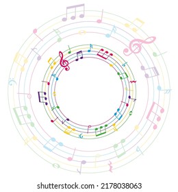 Round colorful musical background, music notes on circle lines, vector illustration.