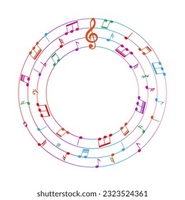 Round colorful musical background, music notes on circle lines, vector illustration.