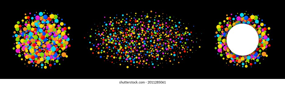 Round colorful papers on black background. Confetti frame. Birthday template. Confetti circles set. Rainbow colors.  Carnival party. Holiday design element. Vector illustration