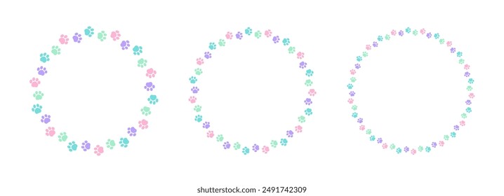 Round colorful pastel animal paw print frame template set. Cute dog paw prints border. Vector illustration