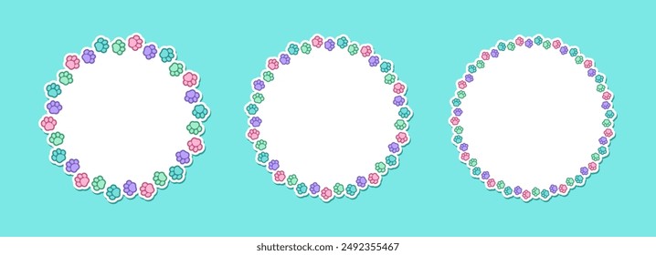 Round colorful pastel animal paw print frame template set. Cute dog paw prints border. Vector illustration