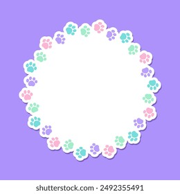 Round colorful pastel animal paw print frame with empty space for your text and images. Cute dog paw prints border. Vector illustration