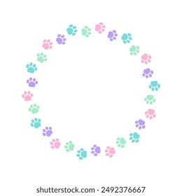 Round colorful pastel animal paw print frame with empty space for your text and images. Cute dog paw prints border. Vector illustration