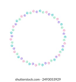 Round colorful pastel animal paw print frame with empty space for your text and images. Cute dog paw prints border. Vector illustration