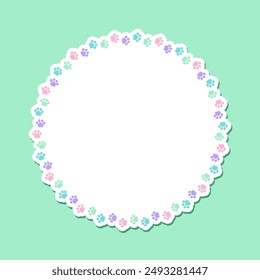 Round colorful pastel animal paw print frame with empty space for your text and images. Cute dog paw prints border. Vector illustration