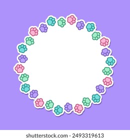 Round colorful pastel animal paw print frame with empty space for your text and images. Cute dog paw prints border. Vector illustration