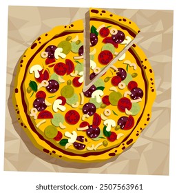 A round colorful pizza and a piece cut off from it on a crumpled wrapping paper background. Vector illustration in flat style