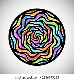 Round colorful radial hand drawn mosaic decoration, stylized stained glass circle shape with rainbow background. Wavy, undulating black lines, waves pattern. Graphic design element, frame template.