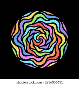 Round colorful radial mosaic decoration, mandala, rainbow colors circle, floral shape made of doodle style waves, free hand drawn undulating stripes. Retro graphic design element, frame template.