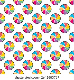 Redondo colorido doces espiral padrão sem costura. Fundo contínuo de caramelo colorido. Doces gostosos impressão, gráfico vetorial