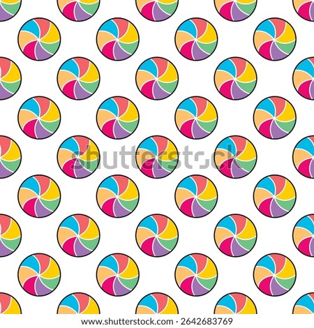 Round colorful spiral candies seamless pattern. Continuous background of colorful caramel. Yummy sweets print, vector graphic