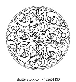 Round coloring book page design for adults. Abstract pattern isolated on white