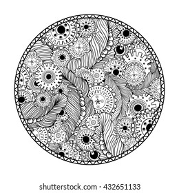 Round coloring book page design for adults with steampunk technology elements. Abstract pattern isolated on white