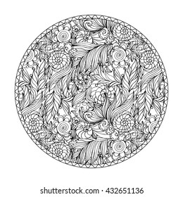 Round coloring book page design for adults. Abstract pattern isolated on white