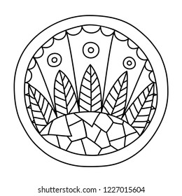 Round coloring page filled with hand drawn doodle motifs in a circle, isolated on white background. Vector illustration